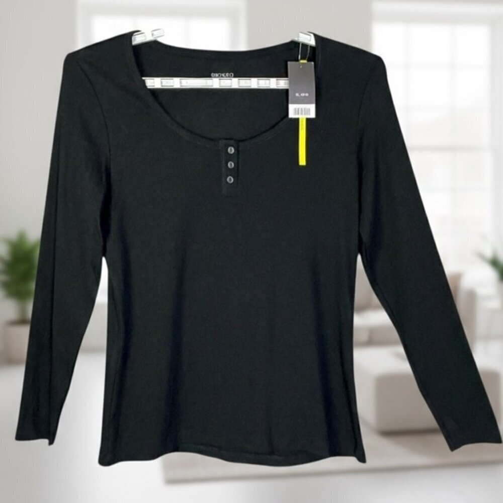 Esmara Long Sleeve Henley Ribbed Top Round Neck Tee Button Detail Black XL 16/18 - Picture 4 of 16